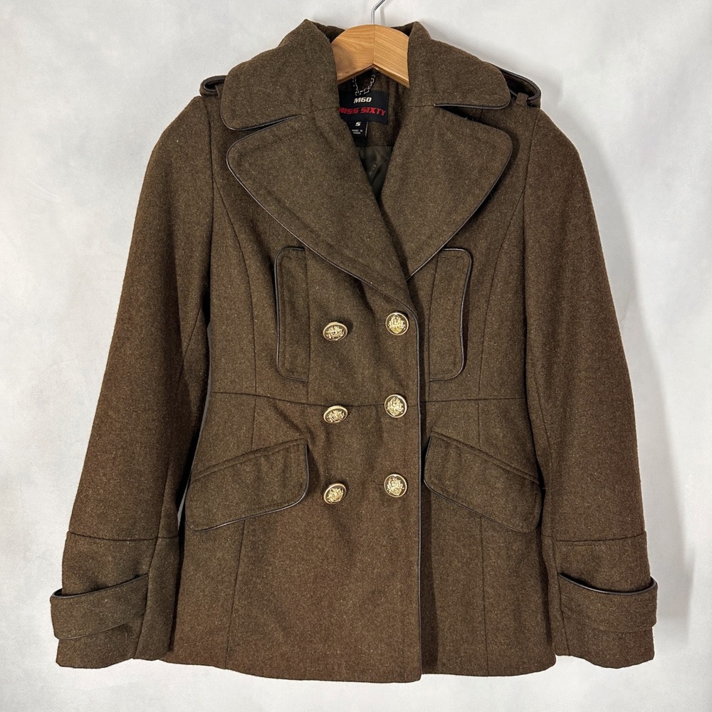 Y2K Miss Sixty Wool Long Sleeve Gold Button Brown Pea Coat Jacket Size Small